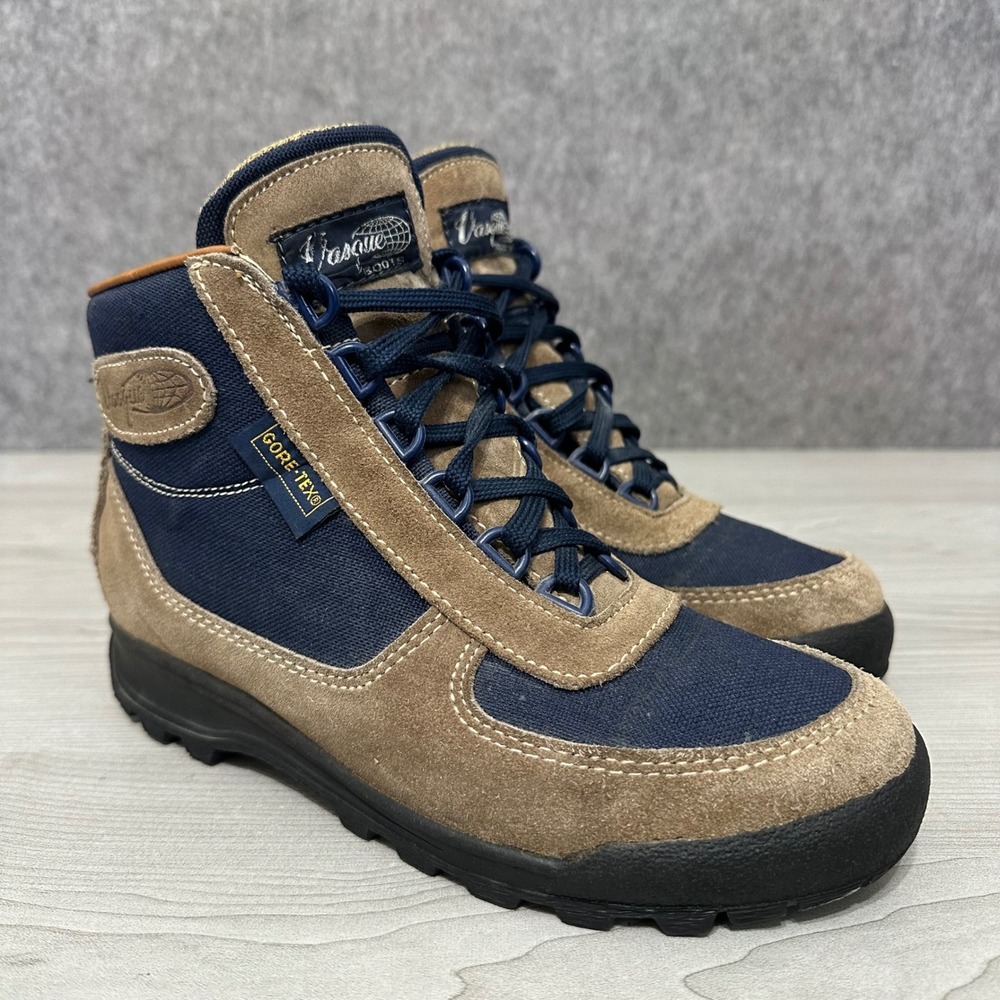 Vasque Skywalk GTX Hiking Boots Mens 8.5 Tan Navy Blue Gore-Tex Suede Outdoor